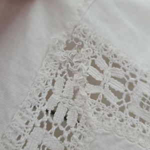 Vintage White Cotton/Linen Eyelet &Lace Rectangular Tablecloth. 76” X 69”.